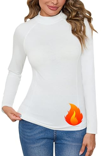 Terecey Camiseta Termica Algodón Mujer Cuello Alto de Manga Larga Camiseta Interior Elastico para Running Esqui Deporte Invierno