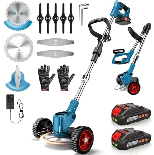 Rasentrimmer,48V Elektrischer Rasentrimmer mit 3 Arten von Schneidklingen,2Pcs 2000mAh Akku,4-in-1 Rasentrimmer Elektrisch für Elektro-Trimmer für Hof, Garten