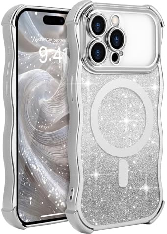 Wirvyuer for iPhone 14 Pro Max Curly Wave Frame Magnetic Case, Compatible with Magsafe with Removable Glitter Sparkly Card Cover, Clear Shockproof Anti-scratch Phone Case for Women Girls, Silver