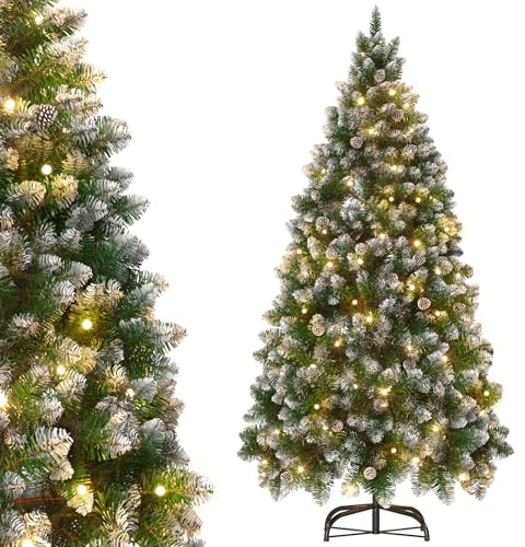 AufuN Árbol de Navidad artificial con iluminación - 240 cm - Con nieve y piñas - Montaje rápido - Con soporte