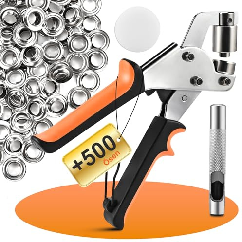 Cieex Juego de Remachadora y 500 Ojales Metalicos - Kit Completo para Ojales para Lonas, Cuero, PVC - Remachadora Ojales con Sujetador Magnético y Punzón