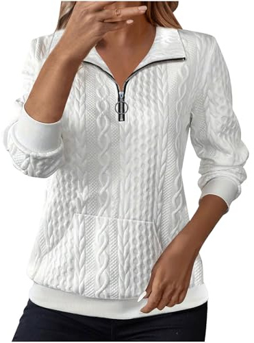 Wyongtao Sweat Femme Décontracté Pull Femme Col Montant avec Fermeture Éclair Haut Ample À Manches Longues Couleur Unie Jacquard Sweatshirt avec Poche Confortable Sport Top Blouse Automne Et Hiver