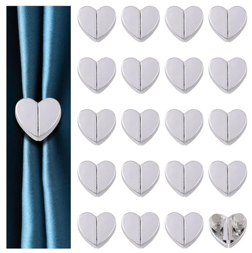 UFURMATE 20 Pairs Heart-Shaped Magnetic Curtain Closure Decorative Detachable Drape Buckle for Indoor Outdoor Use Keep Curtains Closed Prevent Light Leakage (Silver)