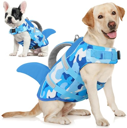 AOFITEE Schwimmweste Hund Groß, Ripstop Große Hundeschwimmweste Hai, Verstellbar & Ripstop Schwimmweste für Hunde mit Rettungsgriff, Rettungsweste Hunde Labrador Hundeweste Schwimmen, Blaucamo, L