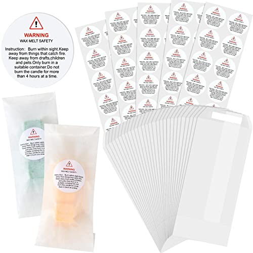 Sinmoe 100 Sets 7 x 16 cm Wax Melts Snap Bar Packaging Bags and Candle Warning Labels Kit, Includes Self Adhesive Glassine Paper Bags for Candle Warning Stickers Container Stickers