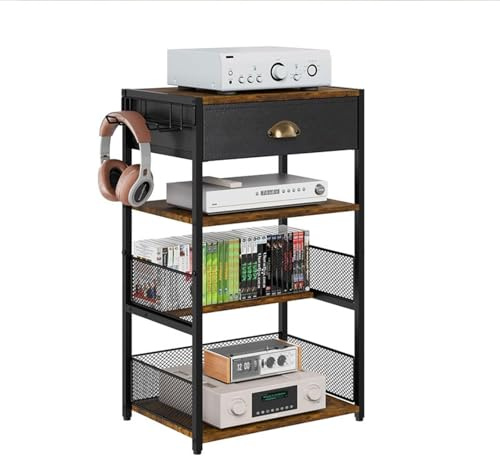 Soporte Multimedia AV De 4 Niveles,Mesita De Noche con Cajon,mesilla Noche Industrial,Estante De Consola De Videojuegos,Mesa Auxiliar for Salón,Dormitorio,Oficina