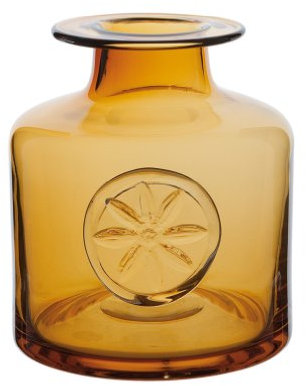 Dartington Crystal Flower Bottle Clematis/Amber, Single | Flower Bottle Vase | 150mm | This warm amber Clematis Flower Bottle has a rustic charm and is finished with a hand applied flower motif