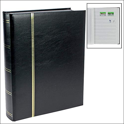 SAFE Briefmarkenalbum, 64 weiße Seiten, 10 Streifen, schwarz | Großformatiges Einsteckbuch in Leder-Optik mit doppelten Pergamin-Zwischenblättern, Doppelgelenken und Goldprägung