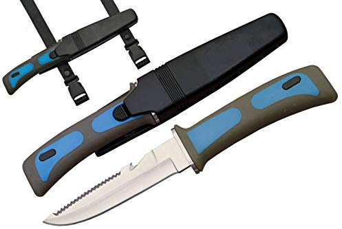 SZCO Supplies 9-Inch Blue Dive Knife with Stainless Steel Blade, Rubberized Grip, Sawtooth Spine, Hard-Sheath & Leg Strap for Diving, Snorkeling, and Outdoor Adventures
