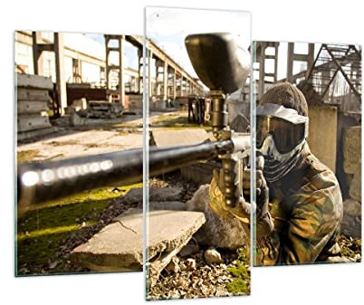 Mehrteilige Bilder auf Glas 130x100cm Glasbild Paintball Pistole Spieler Groß Wanddeko Schlafzimmer Küche Set 3 teilige Wandbilder Dekoration Wohnzimmer Modern Wand Kunstdruck Art GCB130x100-0140