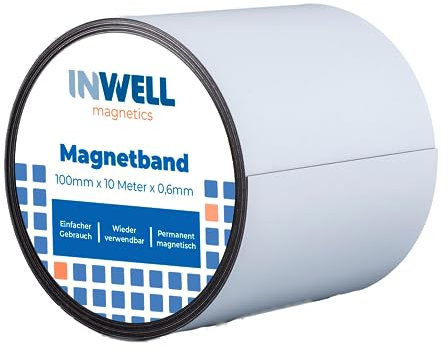 Inwell - Magnetband 100 mm in Farbe weiß auf Rol | 10 meter | NICHT Selbstklebend | Beschreibbare weiße Vinylschicht | Starker Magnetkraft | Magnetstreifen