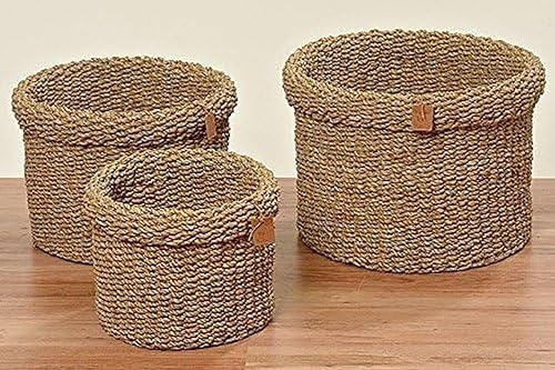 Boltze Sophy 3-teilig (rund, Aufbewahrungskörbe aus Seegras, natürliche Farben, Deko-Körbe im Boho Stil, Skandinavisch, ø 35-43 cm) 2945500, Beige, Universal