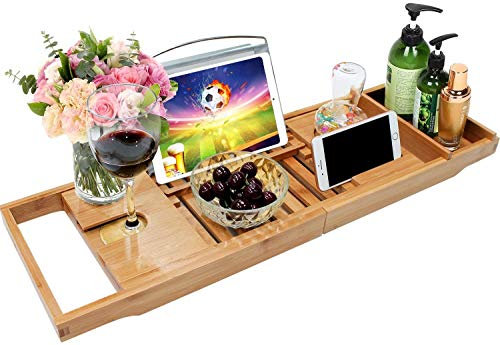 Bamboo Bathtub Caddy Tray Bathroom Bath Tub Bridge with Extending Sides Built in Book Tablet Holder Cellphone Tray & Integrated Wineglass Holder and Other Accessories Placement