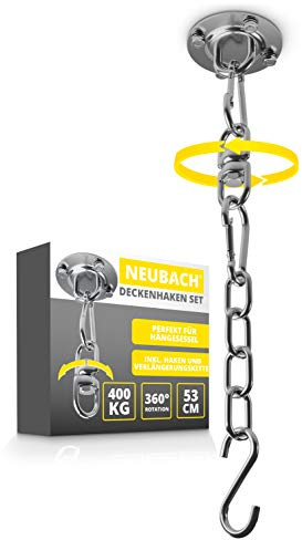 SENTANA Deckenhaken - Hängesessel Aufhängung bis 400kg (53 cm)- 360° drehbare Deckenhalterung - Komplett-Set inkl. Verlängerungskette, Karabiner und Haken