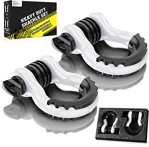 AUTOBOTS Bow Shackle 3/4 D-Ring White Shackle (2 Pack), 41,887Ib Break Strength with 7/8 Pin, 2 Black Isolator and 4 Washers Kit Compatible for Off-Road Jeep Vehicle Recovery