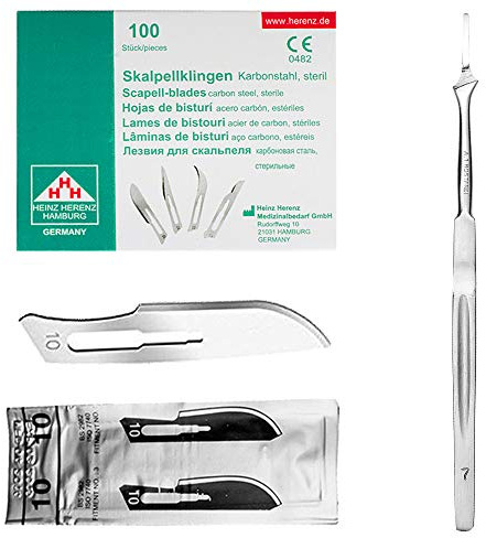 May Skalpell-Set Figur 10 Halter 3 extralang 16 cm Karbonstahl 100 Stk | 16 cm Skalpellhalter (Fig. 3) mit extralangem Edelstahl-Griff inkl. 100 sterilen Karbonstahlklingen (Fig. 10).