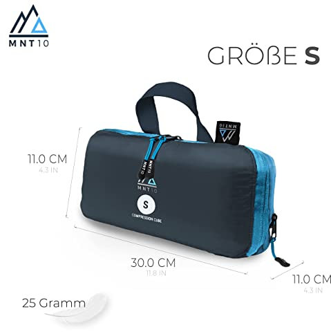 MNT10 Packtaschen mit Kompression S, Blau, Packwürfel mit Schlaufe als Koffer-Organizer, leichte Kompressionsbeutel für den Rucksack (1x Gr. S)