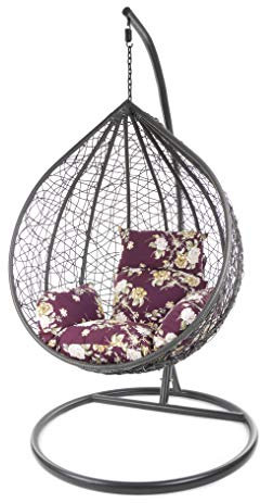 KIDEO Komplettset: großer Hängesessel mit Gestell & Kissen, Korbsessel, Poly-Rattan (Korb & Gestell: grau, Kissen: Blumenmuster Nest (3905_vino_Tinto))