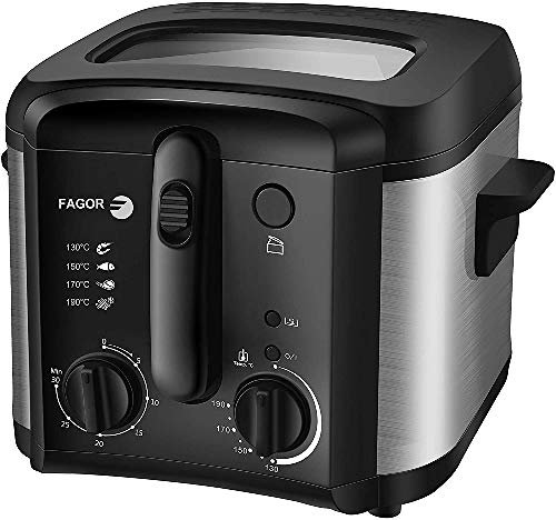 Fagor Friteuse Élétrique Compacte Seau Amovible 2,5 litres, 1 kg Pommes de Terre, Régulateur de Température, Minuterie, Filtre Charbon Anti-Odeur, 1600 W, Noir