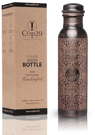 Cop29 Bouteille d'eau en cuivre pur tulipe antique gravée à la main : Sans joint et étanche -900ml/30oz
