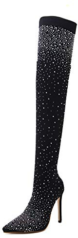 Womens High Heels Socks Fit Over The Knee Boots with Bling Rhinestones in Black Pointed Toe Stretch Bootie (Black, UK 7.5-8)