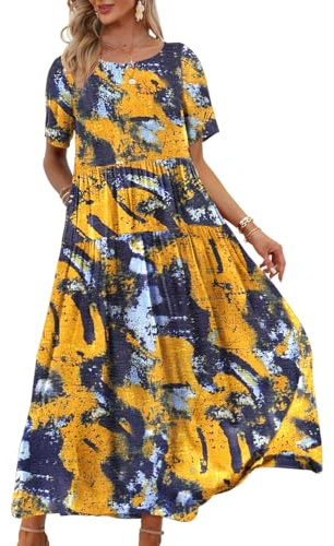 YESNO Women Dresses Casual Plus Size Bohemian Short Sleeve Floral Long Maxi Summer Beach Swing Dress/Pockets L EJFUK CR141