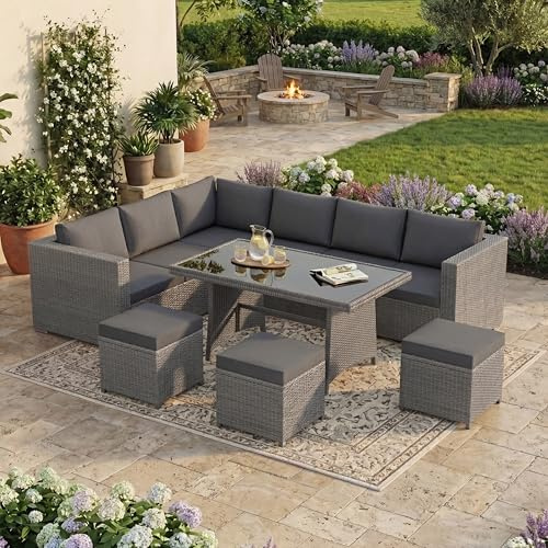 Garden Vida Belgrave 9 Seater Rattan Set | Grey | Complete Outdoor Garden Dining Table Set | Steel Frame & PE Wicker | UKFR Certified | Weather Resistant, Tempered Glass, and with Cushions