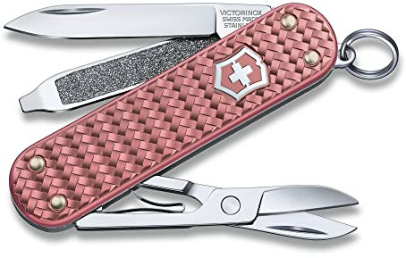 VICTORINOX Multiuso Classic Precious Alox, 5 Funzioni, Multi-strumento con Forbici, Cacciavite, Anello Portachiavi, in Scatola Regalo, Gentle Rose