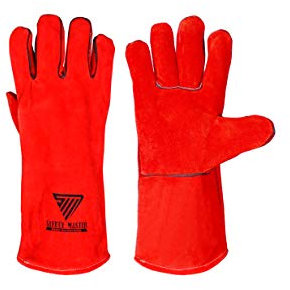 SAFETY MASTER Extreme Heat & Fire Resistant Safety Protective Heavy Duty Welding Gloves - Leather Thickening Gauntlets with Kevlar Stitching. Red (35 cm)