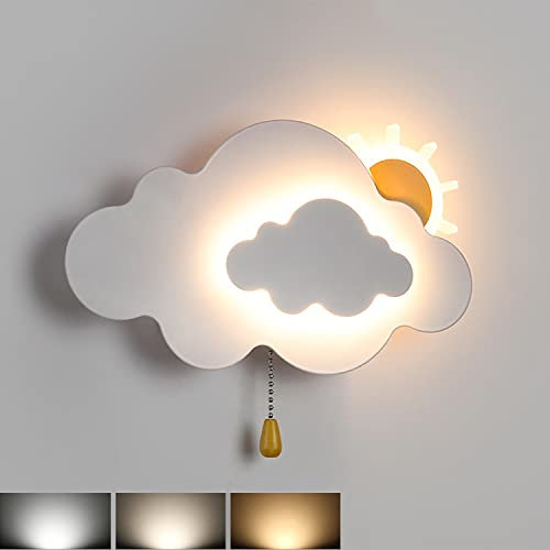 EOEO LED Wolken Kinder Wandlicht mit Zugschalter, 7W Dimmbar Kinderzimmer Wandleuchte 3000K-6000K Madchen Junge Zimmer Kinderlampe Bettlampe Wolkenform Innen Wandlampe mit Schalter,Weiß