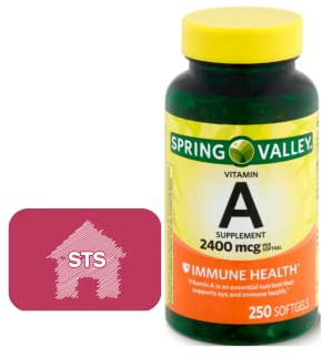 Spring Valley Vitamin A Supplement 2400 mcg, 250 Count + STS Sticker.