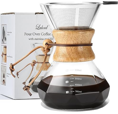 Lalord Caffettiera Pour Over con Filtro Riutilizzabile in Acciaio Inossidabile, Caraffa da Caffè in Vetro Borosilicato, Collare in Legno, Gocciolatore per Caffè, Capacità 3 Tazze, 600 ml.
