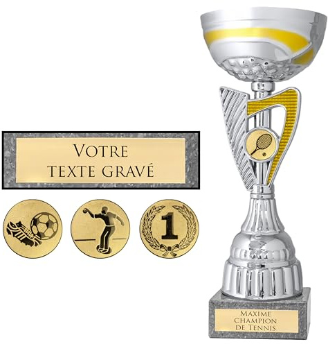 KDO MAGIC Trophée Personnalisable - Coupe personnalisée avec Texte - Gravure - Plusieurs modèles - Or et Argent - Cadeau fête des Pères, Anniversaire, Sport (Modèle Tennis)
