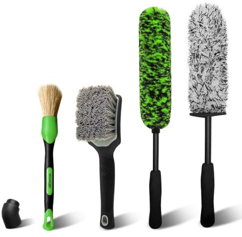 YeewayVeh Car Wheel Brush Set, 4 Pack Long Handle Soft Microfiber Wheel Tire Cleaning Brush with Detailing Brush for Car Vehicle Motorcycle Rim Tyre Fenders Engine Exhaust Tips Car Wash Kit, Green