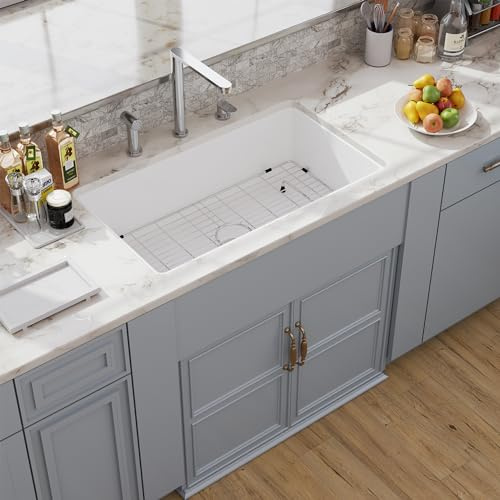 30 White Undermount Kitchen Sink, Hugsleek Topmount & Undermount Kitchen Sink 30x18 inch White Porcelain Ceramic Fireclay Sinks Dual Mount Accessories Single Bowl Under Counter Sinks Basin Drop In