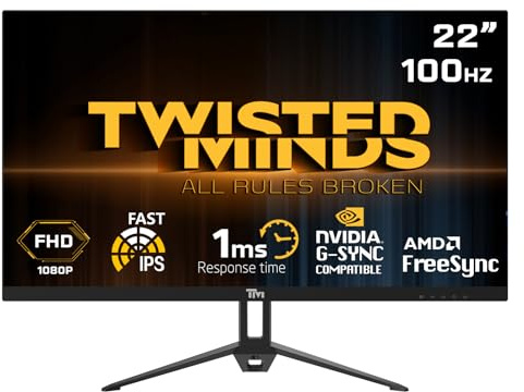 Twisted Minds Spelarskärm, 22-tums snabbskärm, IPS-panel, FHD-upplösning 1 920 x 1 080, uppdateringsfrekvens 100 Hz, bildförhållande 16:9, svarstid 1 ms - svart (TM22FHD100IPS)