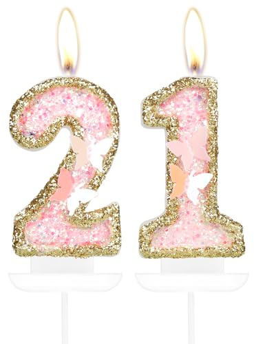Pink Gold Butterfly 21st Birthday Candles, Pink Gold Candles Cake Toppers for Cake, Girls 21st Birthday Decorations,Butterfly Number 21 Candle Cake Topper for Girls Birthday Party,Wedding Suppiles