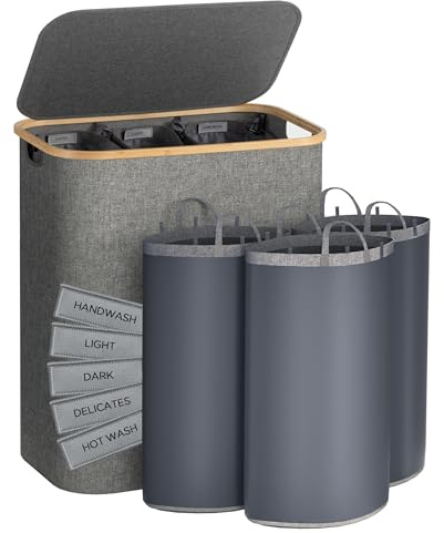 joycloth 3-Section Laundry Hamper with Lid, 160 L Extra Large Laundry Baskets with Bamboo Handles and Removable Laundry Bags, Grey