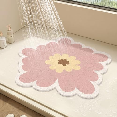 Runde Duschmatte, Blumen-Badematte für Innendusche, PVC-Luffa-Badezimmer-Bodenmatte, rutschfeste Badematte, Anti-Schimmel-Duschmatte mit Abfluss, schnell trocknend (Rosa, 50 x 50 cm)