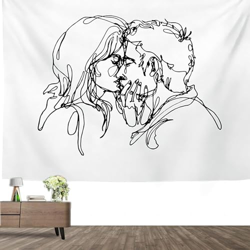 Roninkier Abstrakte Skizze Wandteppich, Aesthetic Kuss Schwarz und Weiß Wandtuch Kunst Wandbehang für Schlafzimmer (Küssend 1, 150 x 100cm)