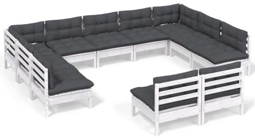 WEMYUFURN 11-TLG. Garten-Lounge-Set mit Kissen Weiß Kiefer Massivholz, Outdoor-Sitzgruppe, Terrassen-Lounge-Set, Garten-Couchgarnitur - Wetterbeständig, Komfortabel - für Terrasse, Garten und Balkon