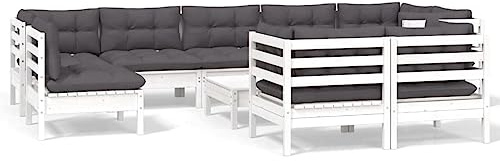 WEMYUFURN 10-TLG. Garten-Lounge-Set mit Kissen Weiß Kiefer Massivholz, Outdoor-Sitzgruppe, Terrassen-Lounge-Set, Garten-Couchgarnitur - Wetterbeständig, Komfortabel - für Terrasse, Garten und Balkon