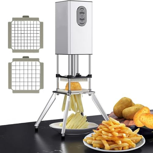 OFNHJK Coupe-Frites Vertical, Coupe-Frites électrique en Acier Inoxydable, Coupe-Pommes de Terre Automatique avec Lame de 1/2 et 3/8 Pouces pour Pommes de Terre, oignons, Carottes