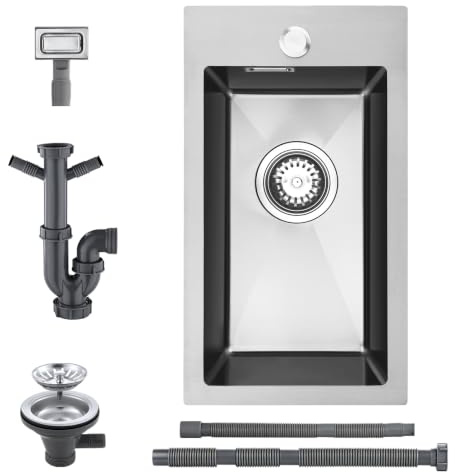 KEOKBON 28 X 50 cm Topmount Kitchen Sink Stainless Steel - Small Built-in Kitchen Sink PVD Coating NanoTek 3mm, Single Bowl Drop in with 1Tap Hole, Waste and Overflow, Nano-Silver