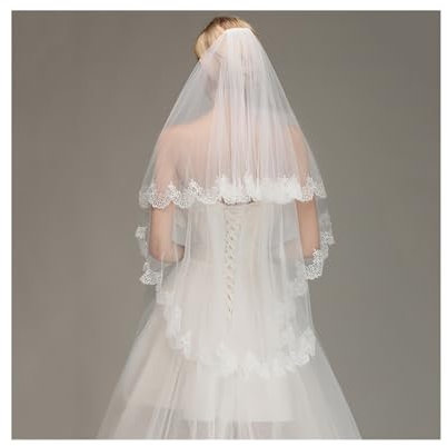 MZPOZB Hochzeit Schleier 1,5 Meter Zwei Schichten weicher Tüll Elfenbein Spitze Rand Kurze Hochzeit Brautschleier mit Kamm Hochzeit Zubehör Hochzeit Brautschleier(Beige)