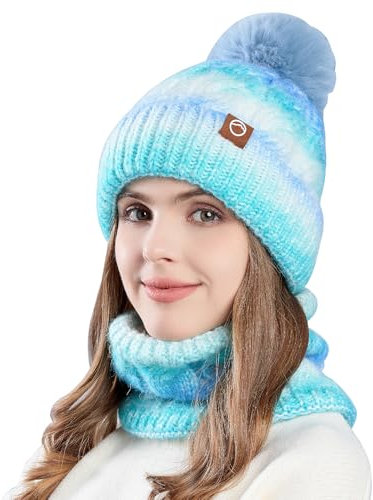 WANYIG Mütze Damen Winter Beanie Schal Set Warm Wintermütze Strickmütze mit Schal Herbst Mütze und Schal set mit bommel/Weichem Fleece Innenfutter(Farbverlauf Blau)