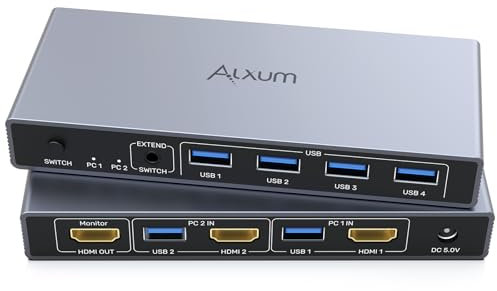 Alxum USB HDMI 2 PC KVM switch 1 monitor che supporta 4K60HZ, due computer per condividere uno schermo con quattro porte USB, tra cui controller desktop, 2 cavi USB e adattatore di alimentazione