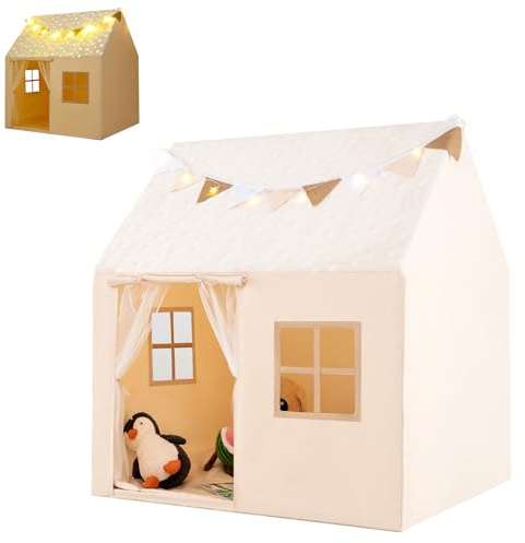 HOMASIS Kinderzelt Indoor, Spielhaus mit Sternlichter & Matte & Wimpel & Fenster, Spielzelt Baumwolle, fluoreszierend Prinzessin Zelt für Kinder ab 3 Jahren, Kinderspielhaus für Kinderzimmer, Beige