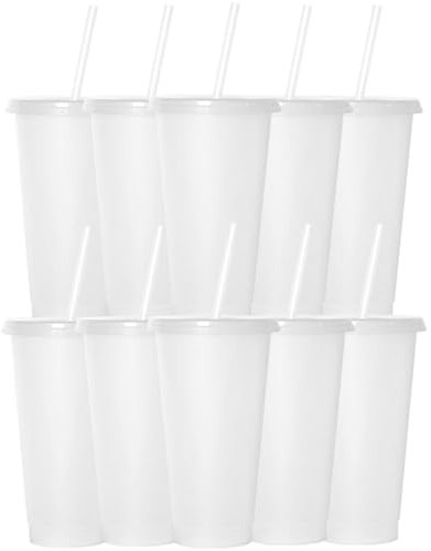 Yisituo 24 oz Reusable Plastic Cups, 10 Pack Cold Cups with Lid and Straw, Tumblers Travel Mugs for Adults and Kids Party and Beach, Pool Gatherings (10, Transparently)