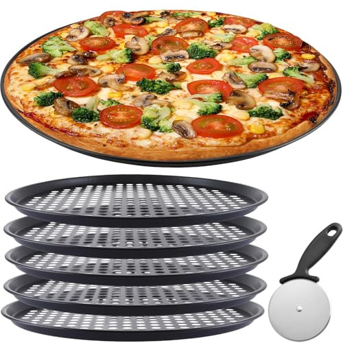 LOSYHU 6 Pcs 12 Inch Pizza Trays with Cutter Wheel, Carbon Steel Non-Stick Pizza Trays for Oven, Round Perforated Baking Pans, Black Baking Tray for Bakery